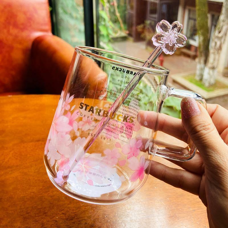 2023 Starbucks Pink Sakura & Purple Cherry Glass Coffee Mug Cup w/Stick