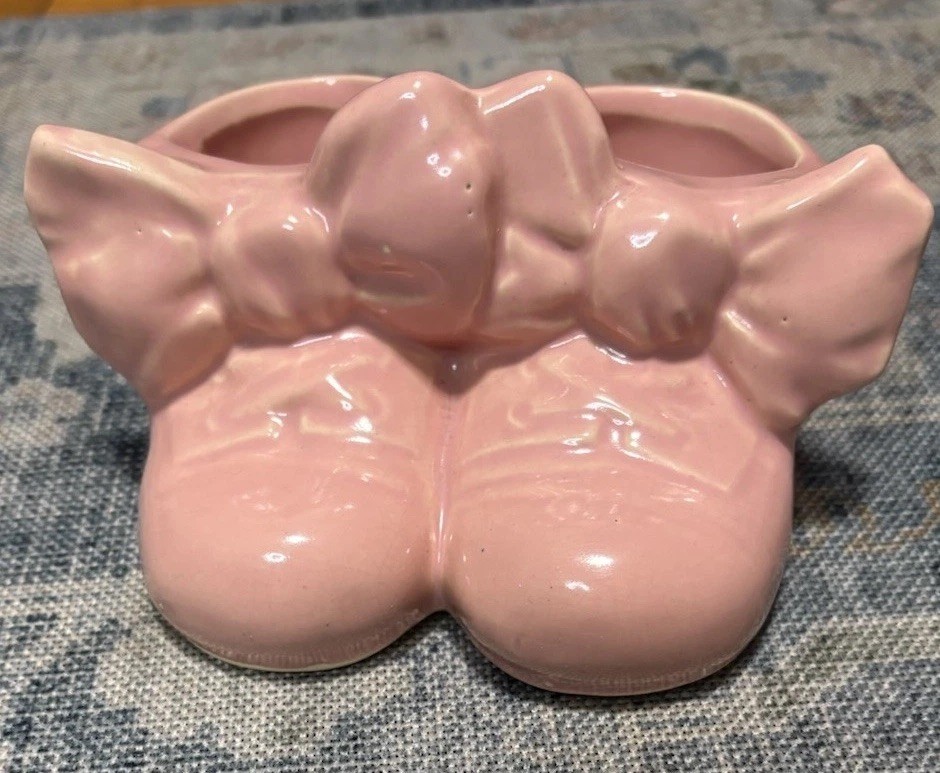 Vintage Pink Ceramic Double Baby Shoe Bootie Planter Vase Nursery Keepsake