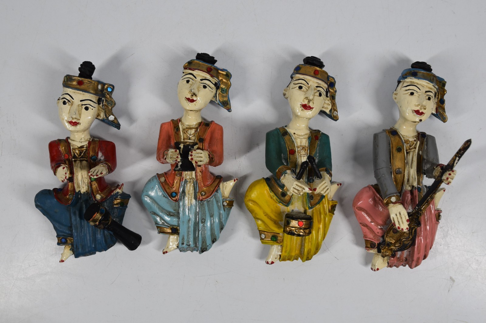 4 Vintage Thai Asian Burmese Musical Instrument Players Hand Carved Wood Hanging