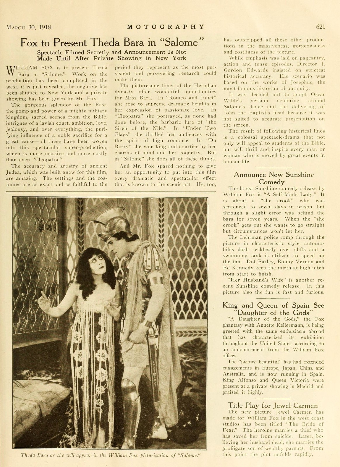 THEDA BARA - Actor - 1918 Magazine Article on Salome - 5 x 7 inch Reprint