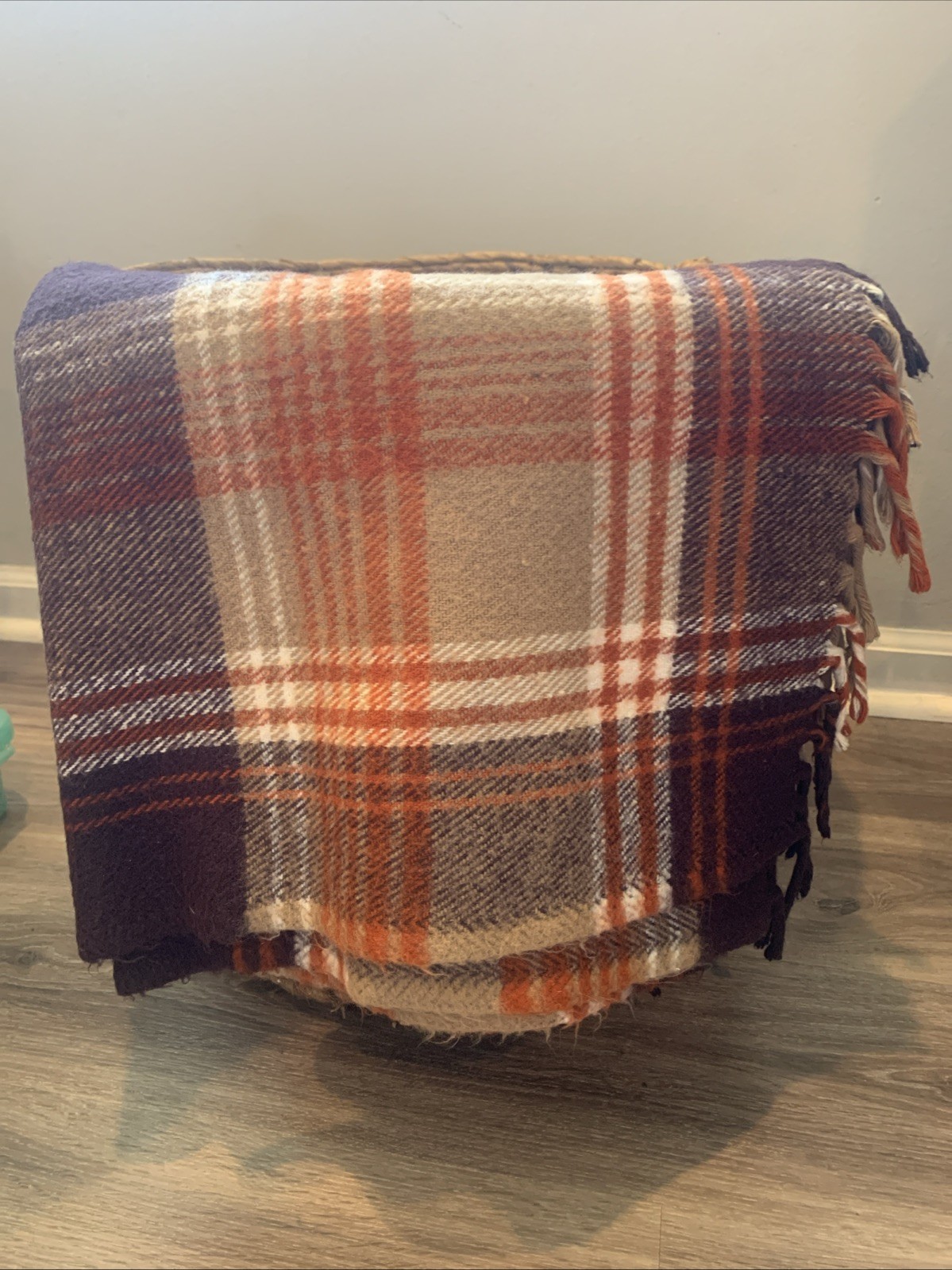 Faribo Stadium Throw Blanket Fringe 61x52 Brown Orange Plaid Fall