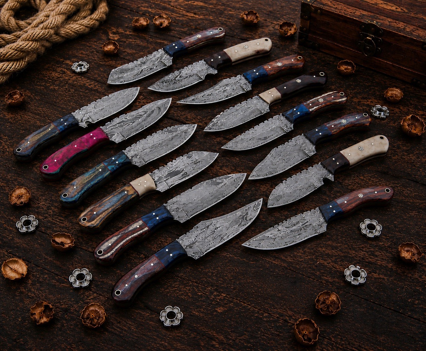 Lot of 200 Pcs 8'' Full Tang Skinners Knives Mix Handle Damascus Steel W/Sheath Lot of 200 Pcs 8'' Full Tang Skinners Knives Mix Handle Damascus Steel W/Sheath