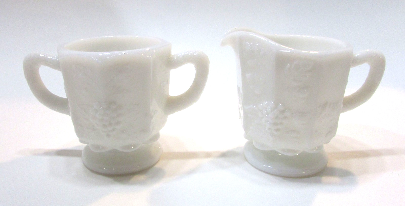 Old 1940s Westmoreland Milk Glass Paneled Grape Creamer Cream Pitcher Sugar Bowl