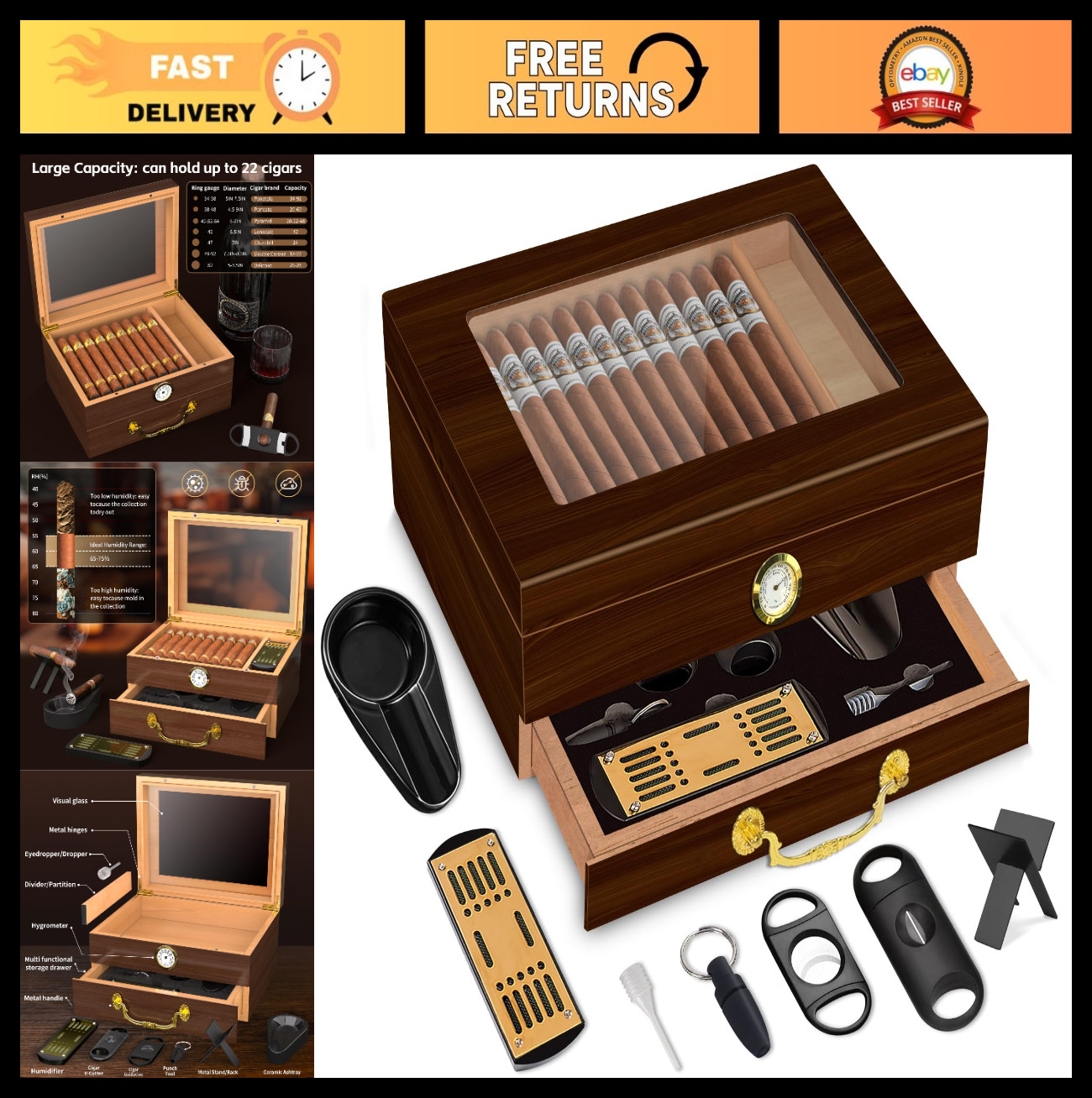Cedar Cigar Humidor Box with Glass Cover, Humidifier & Accessories - Portable De