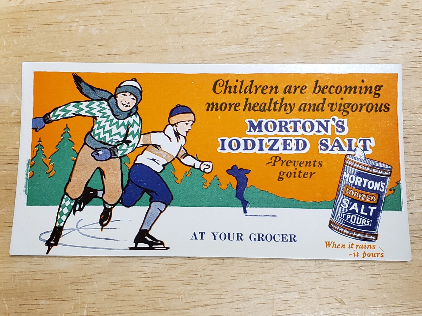 Vtg 1940s Morton Iodized Salt Blotter, Children Ice Skating, Prevents Goiter