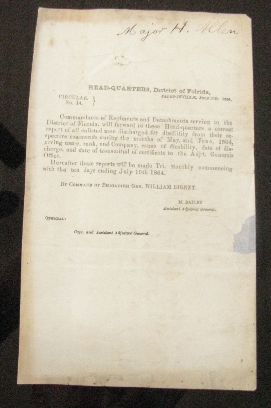 CIVIL WAR JACKSONVILLE FLORIDA CIRCULAR GENERAL WIILIAM BIRNEY 1864 CIVIL WAR JACKSONVILLE FLORIDA CIRCULAR GENERAL WIILIAM BIRNEY 1864