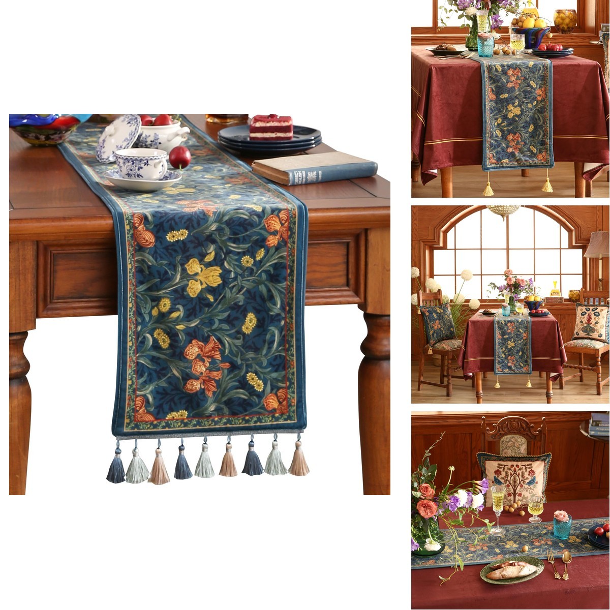 Patdrea Designer Casual Wild Floral Velvet Table Runner 102 Inch Long, Dark