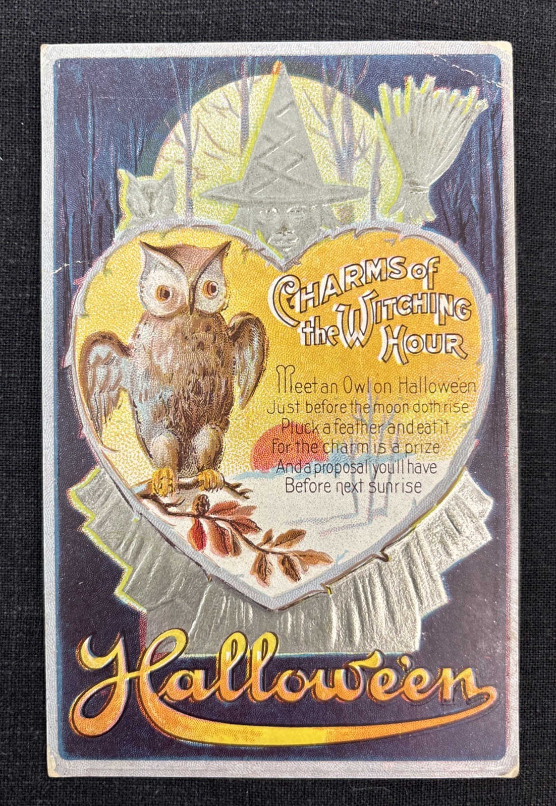 Vintage 1911 Halloween Postcard Jackson Owl Witching Hour Charms JA1 Antique