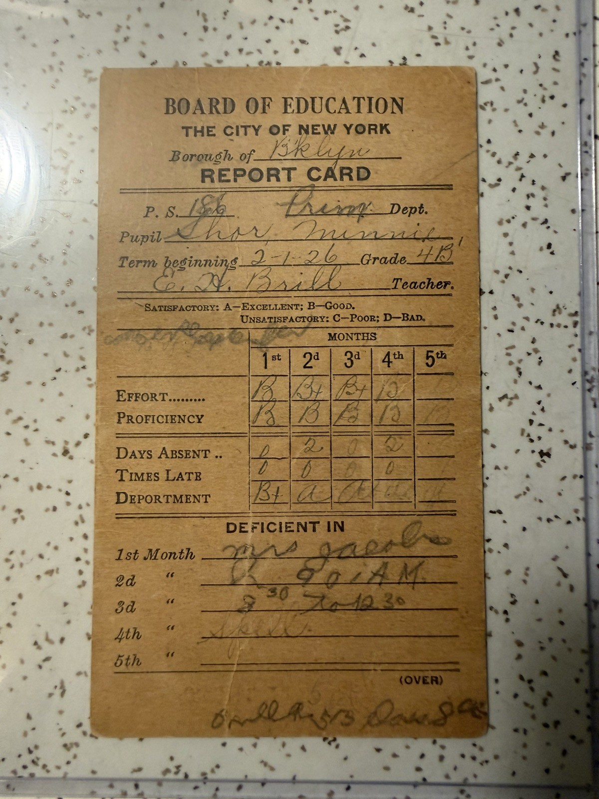 1926 NYC Board of Education Brooklyn PS 186 Antique Report Card School Ephemera