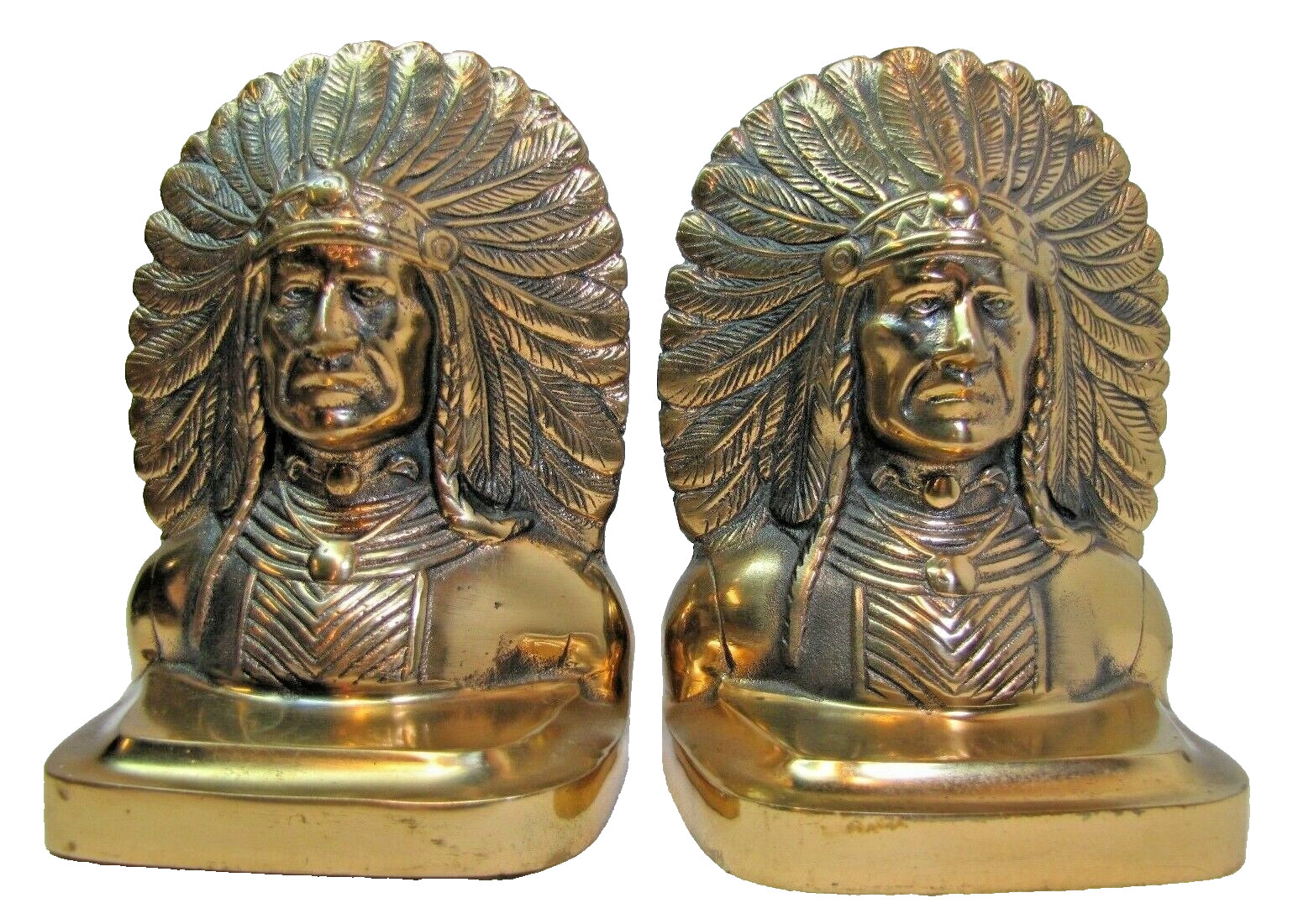 NATIVE AMERICAN INDIAN CHIEF WD ALLEN CHICAGO USA Ornate Brass Antique Bookends