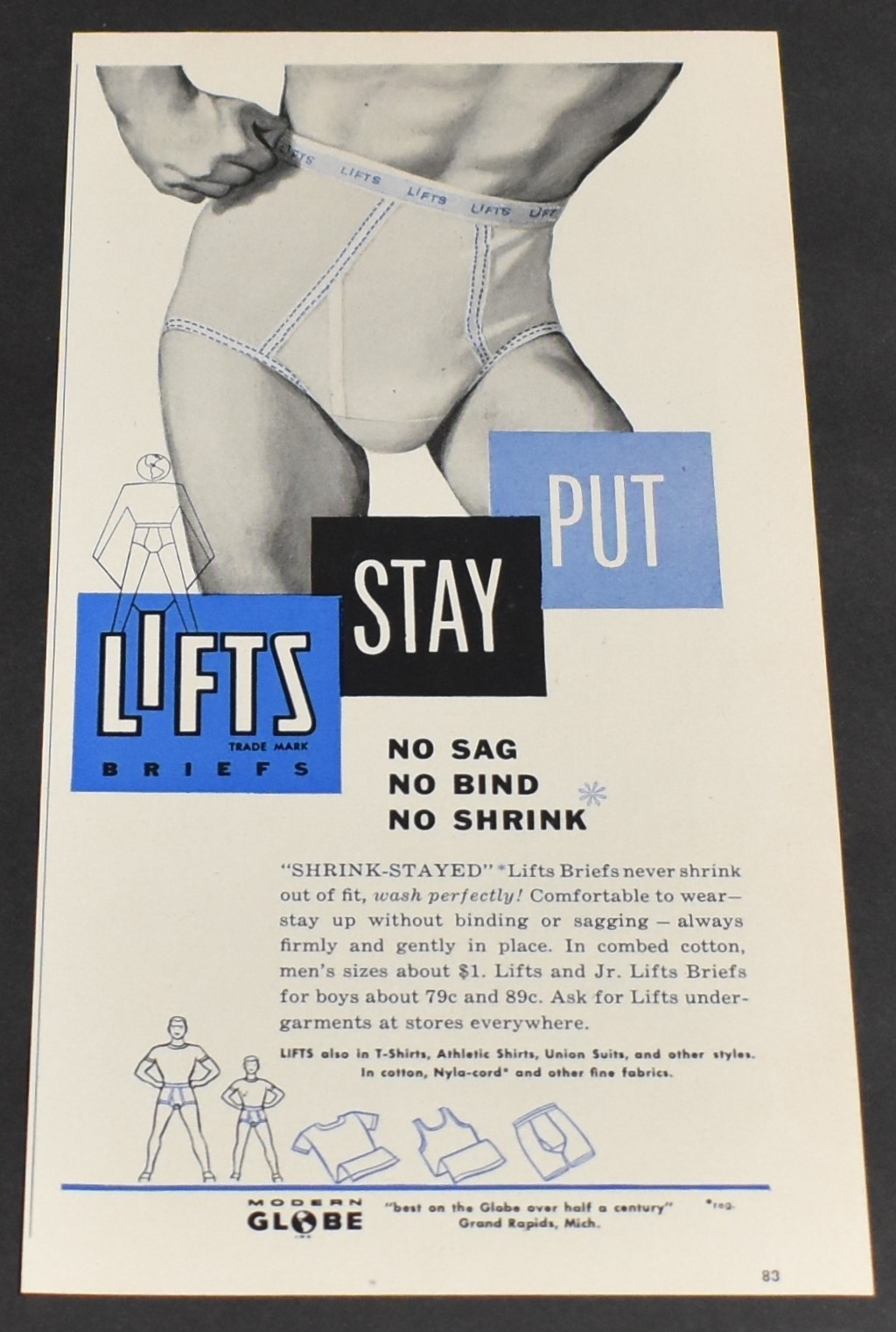 1951 Print Ad Men's Fashion Lifts Briefs Underwear Stay Put No Sag Bind Shrink