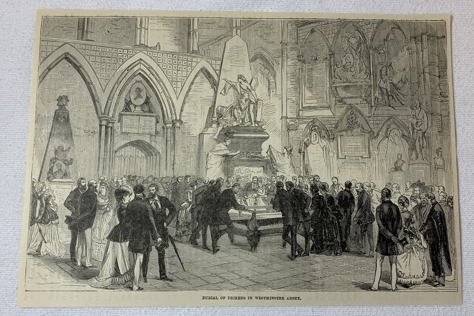 1885 magazine engraving ~ BURIAL OF CHARLES DICKENS, WESTMINSTER ABBEY