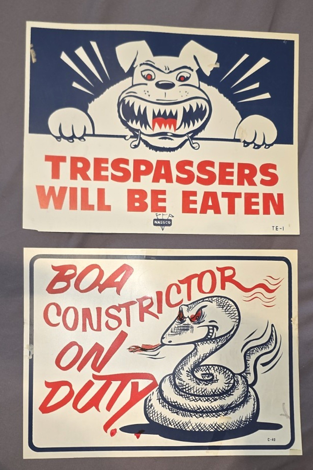 Vintage NASSCO Plastic Signs Lot 2 Trespassers Will Be Eaten Boa Constrictor Dog
