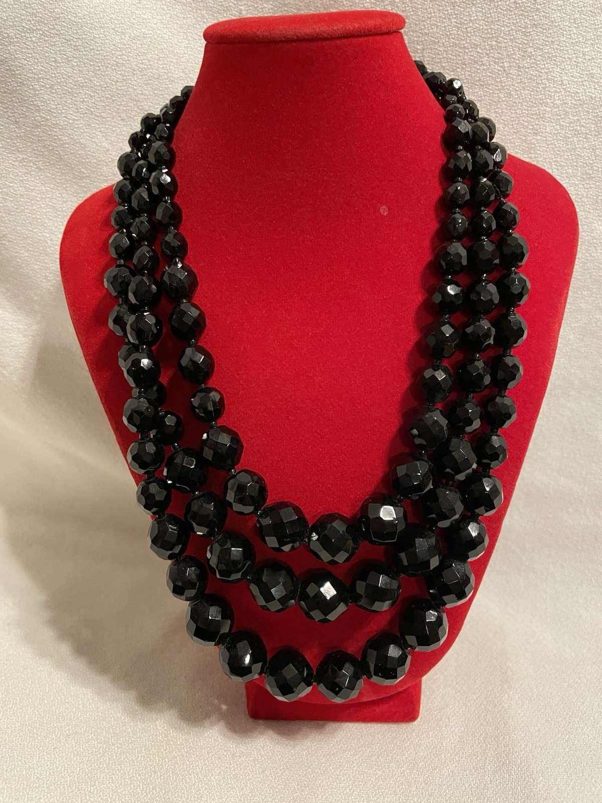 3 Strand Hand Cut Faceted Black Glass Bead Necklace French Jet Jewelry J Hook