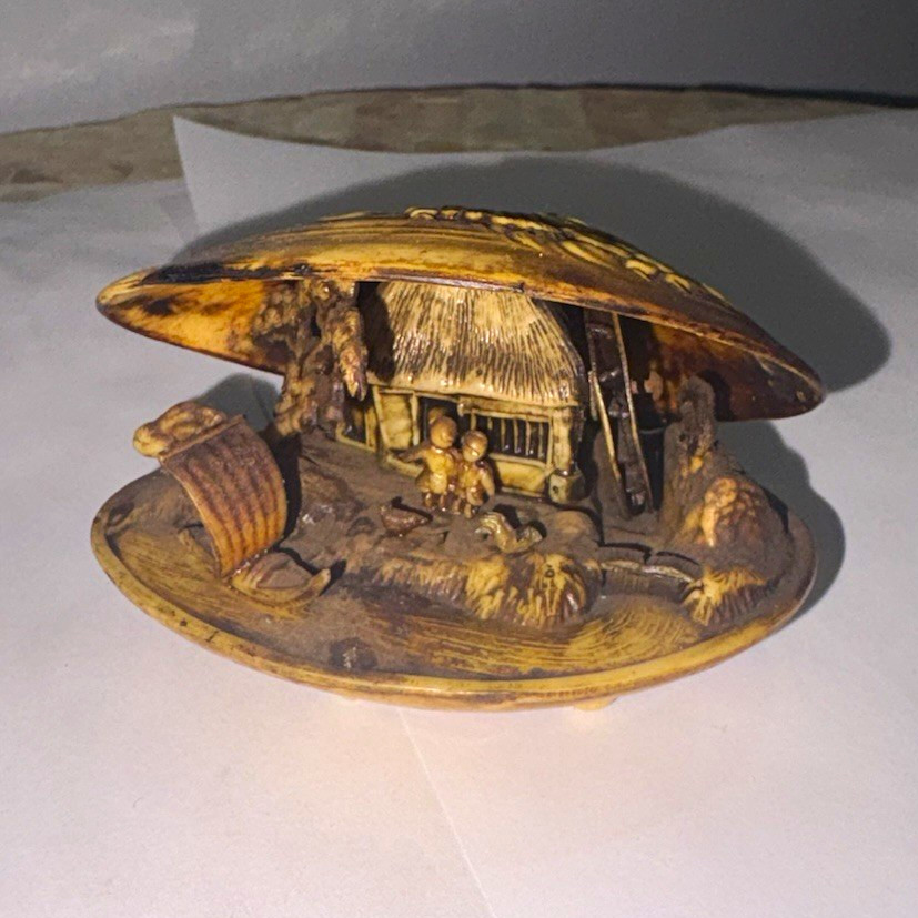 Vintage Japanese Celluloid Clam Shell Dragon Diorama Netsuke Style Miniature
