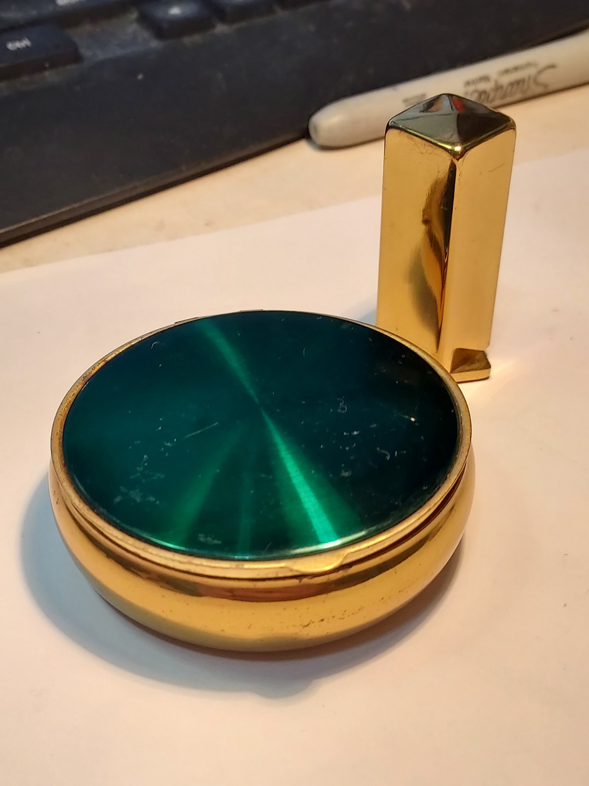 VTG COLUMBIA FIFTH AVENUE Green Enamel Top Mirror Compact & Lipstick Case-Empty