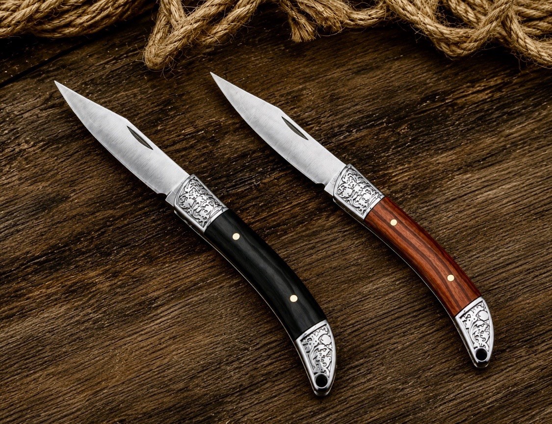 One Elegant Stainless Steel Folding Pocket Knife Black or Mahogany Wood Handle