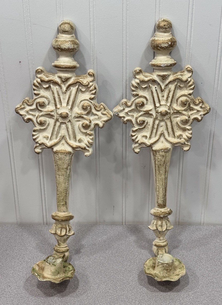 Vintage Hoda Gilt Wall Sconces Cast Aluminum Candle Holders 16\
