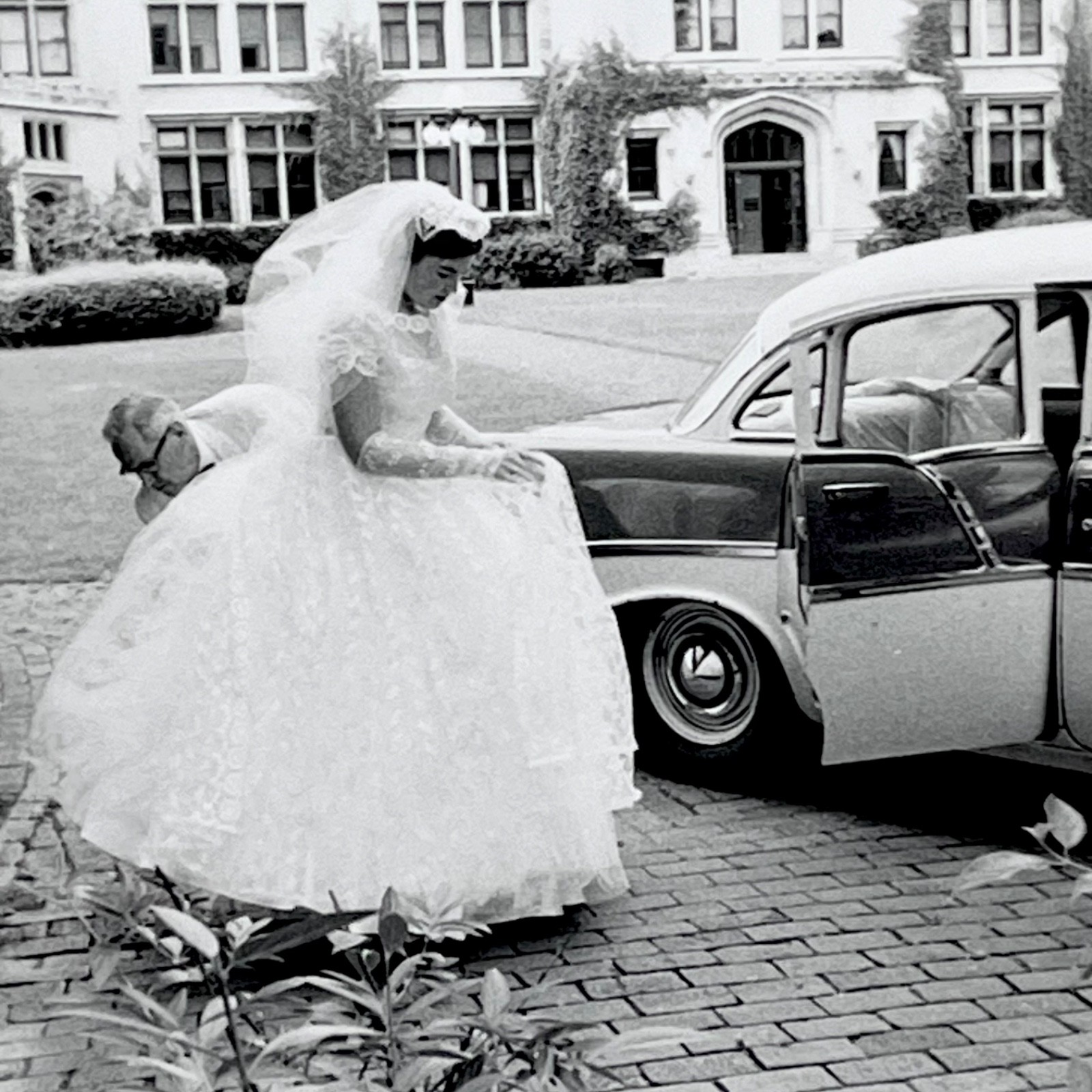 1950s Beautiful Bride Wedding Gown Getting Into Car Stunning Vtg Snapshot Photo
