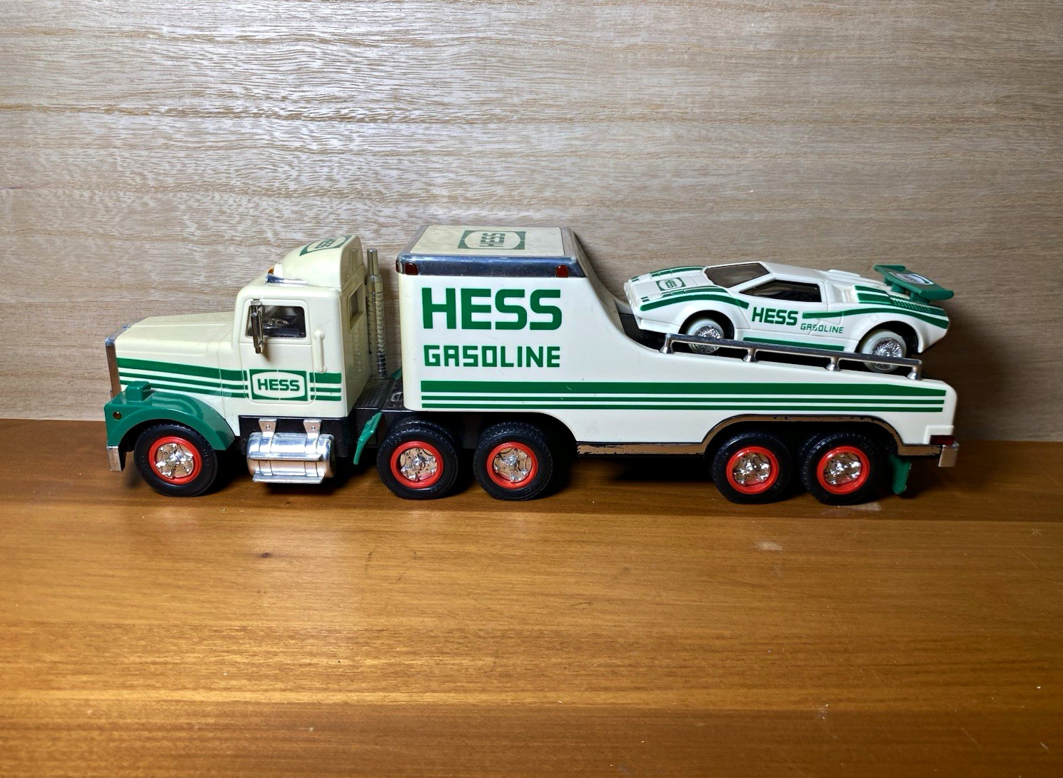 Vintage 1991 Hess Toy Truck and Racer Car Flatbed Trailer Loose Tested Works