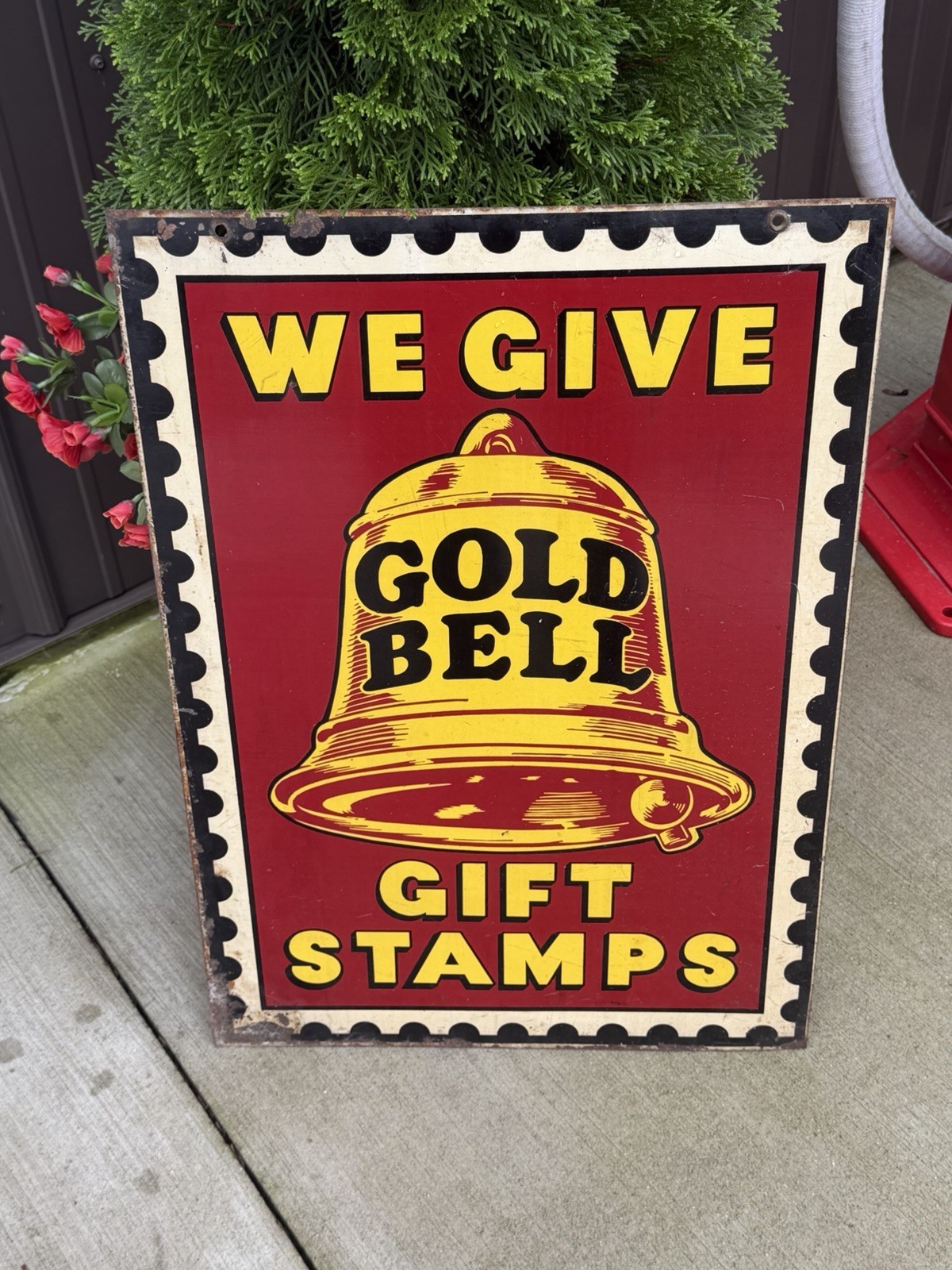Vintage Original Gold Bell Gift Stamps Double Sided Metal Advertising Sign Nice