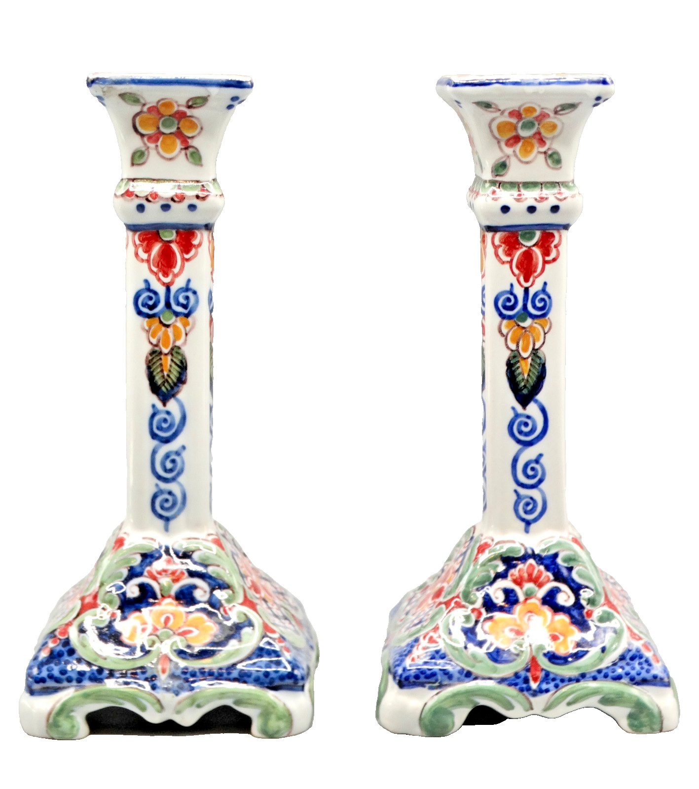 Antique Dutch Delft Makkum Polychrome Candle Holders Candlesticks, Pair
