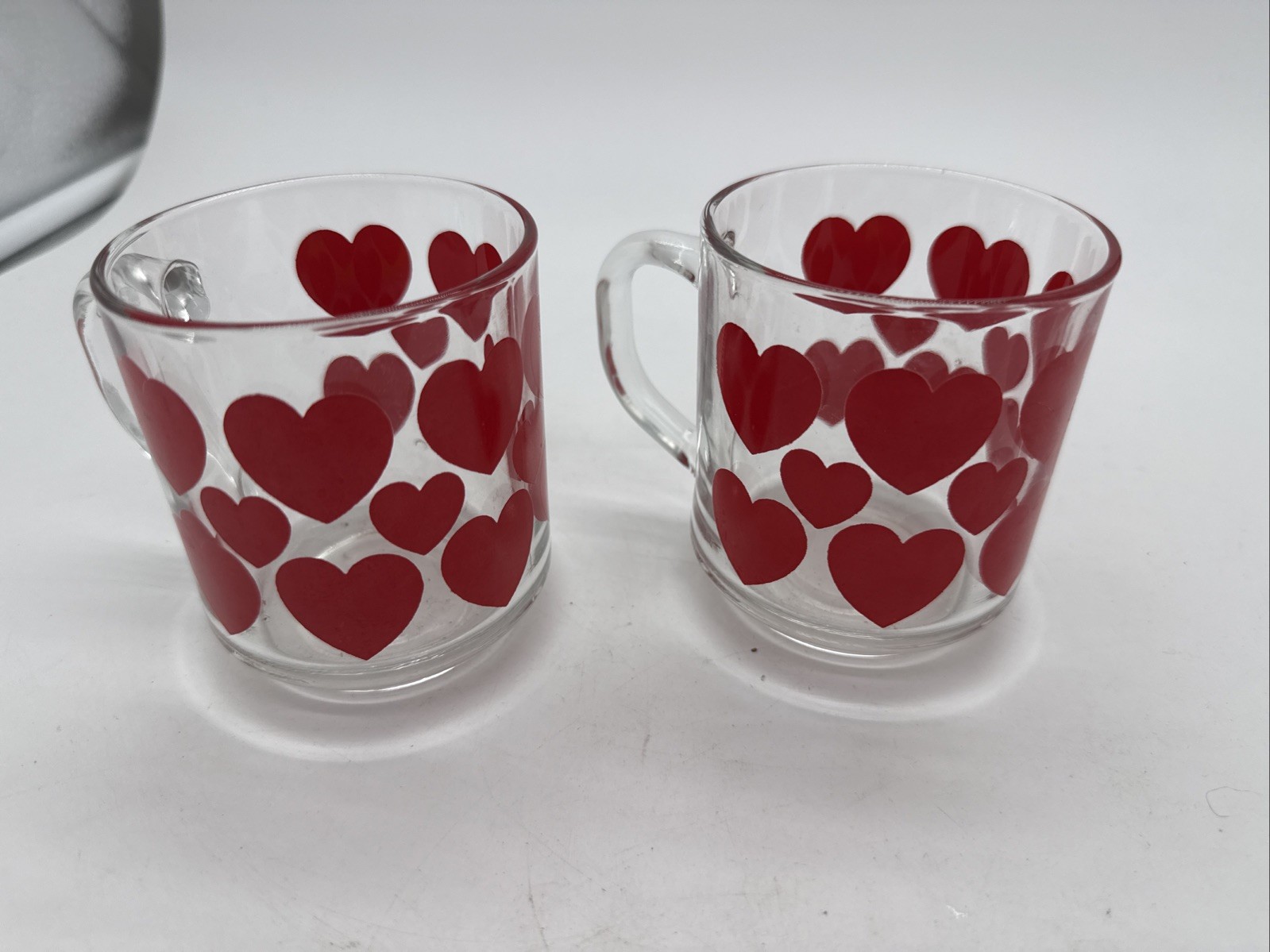 Vintage Luminarc Clear Glass Red Hearts 8oz Mug Coffee Cups  Set Of 2