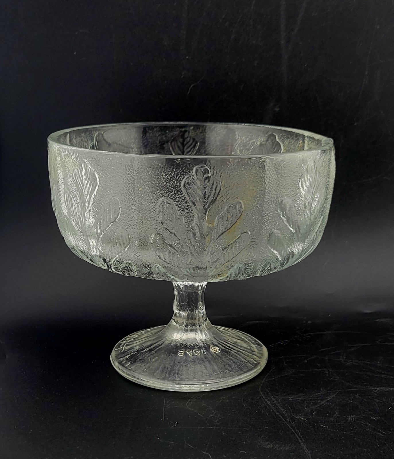 FTD Footed Compote Vase Clear Glass Oak Leaf Design Vintage 1970s