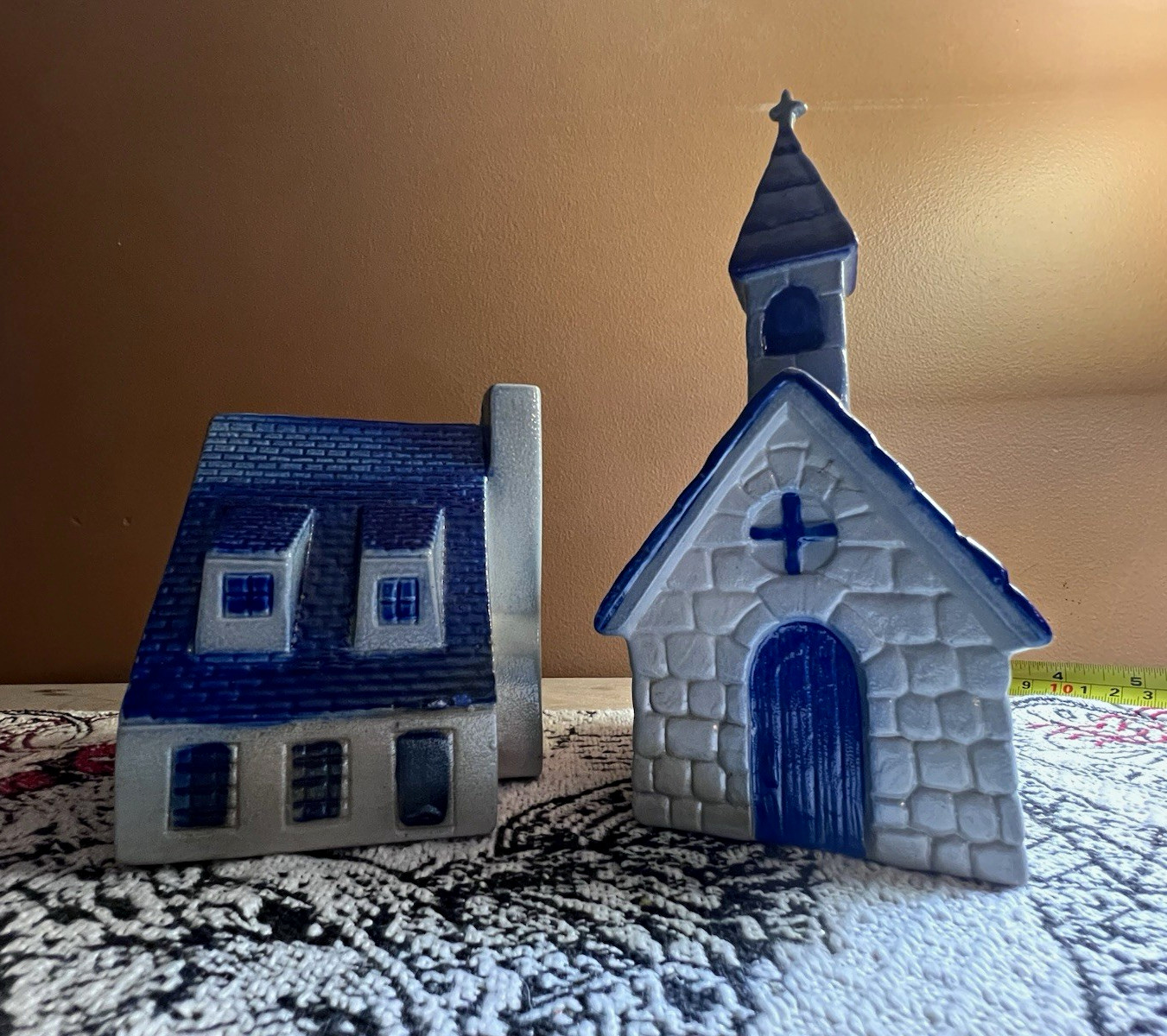 Vintage 1998 Eldreth Pottery Salt Glaze Church & House Set Cobalt Blue PA Folk