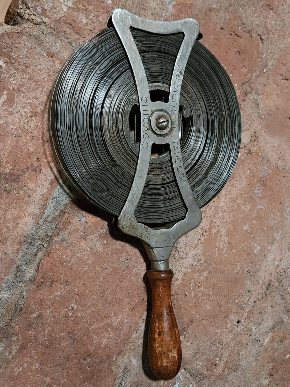 Antique Chicago Steel Tape Co. Surveyor Measuring Tape w/ Wood Handle USA