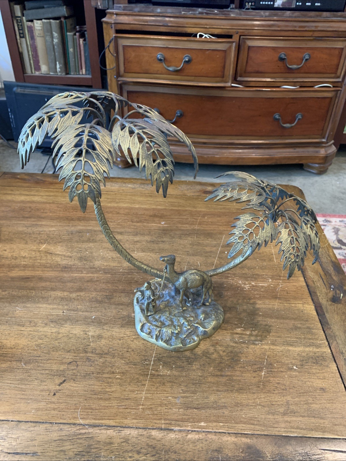 Vintage Brass Bedouin and Camel in Oasis Palm Trees Figurines Statue 12” X 15
