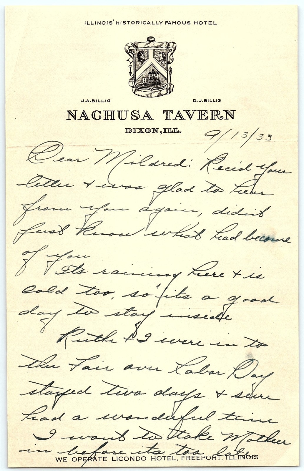 1933 Nachusa Tavern Hotel, Dixon, IL letter & letterhead