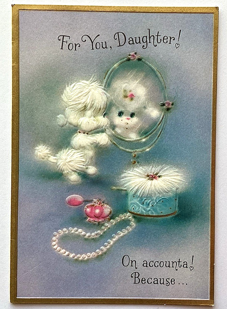 Vintage Happy Birthday Card WHITE POODLE DOG JEWELRY POWDER PUFF PERFUME Emboss.