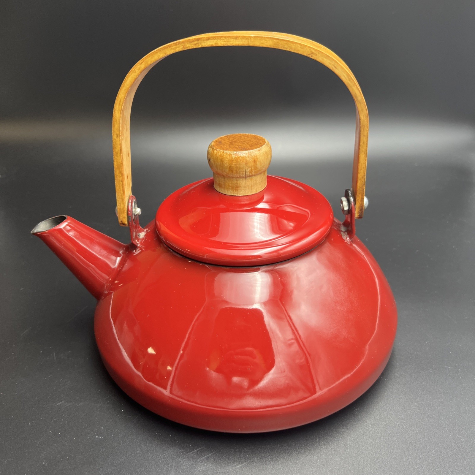 Vtg Danish MCM Red Enamel Tea Kettle Teak Wood Handle & Knob Mid Century Modern