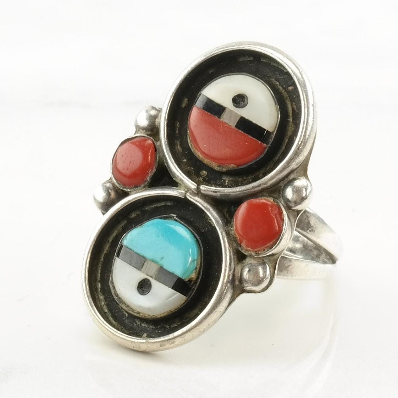 Native American Coral Turquoise MOP Onyx Two Sun Inlay Sterling Silver Ring 6.5