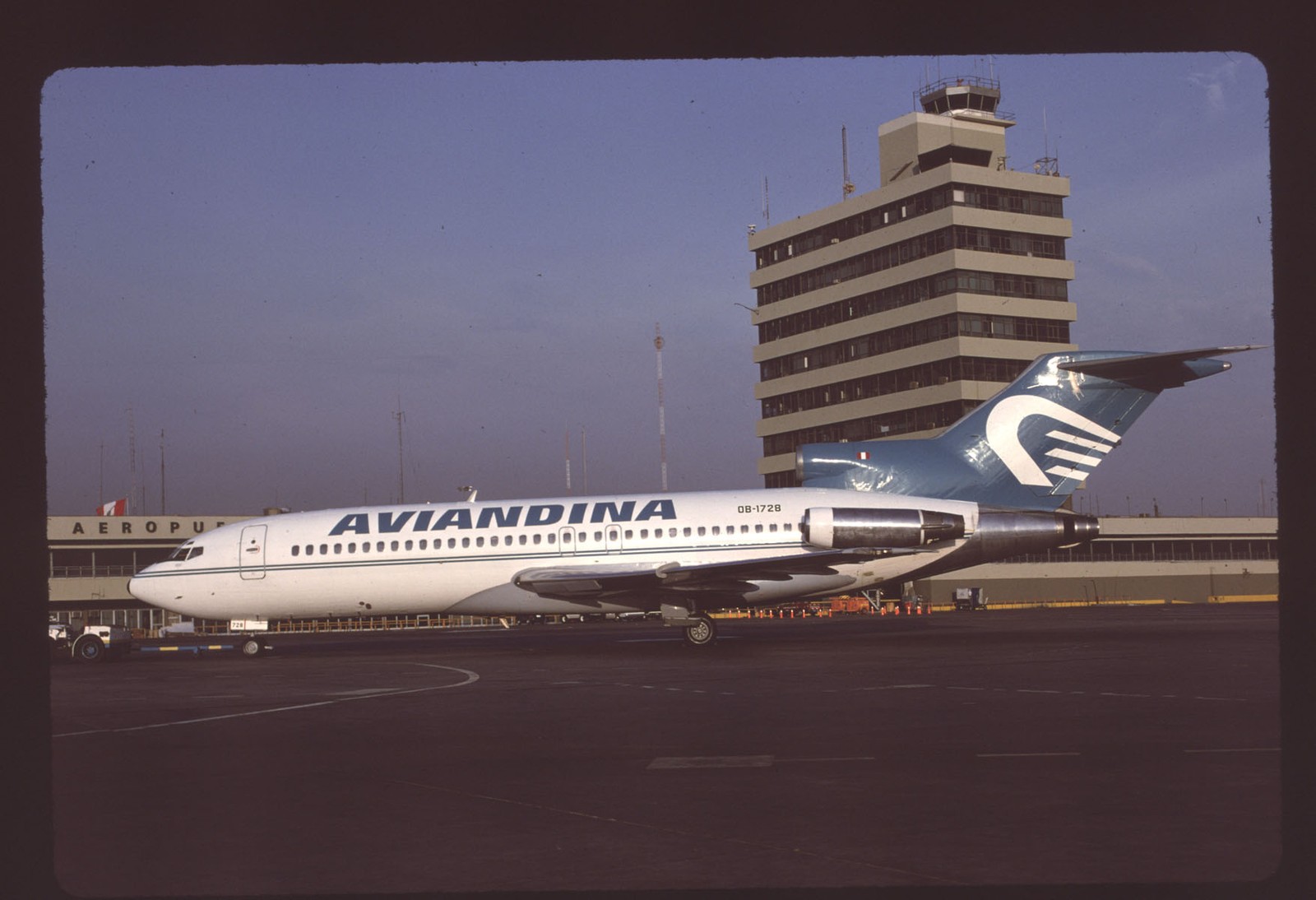 Orig 35mm airline slide Aviandina 727-23 OB-1728