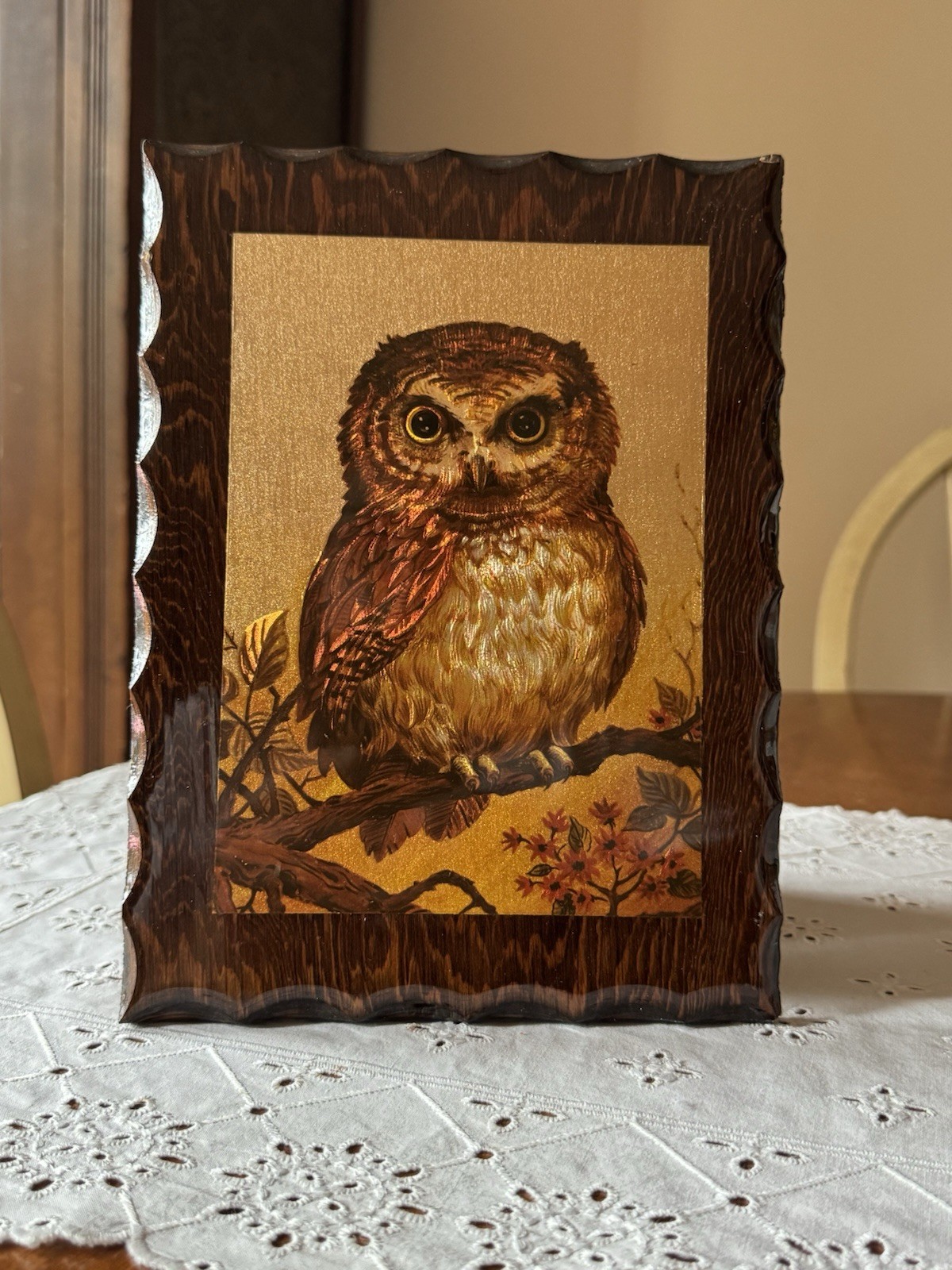 Vintage 70s Foil Art Owl On Wood Lacquered 9”x7” Smoky Mountains Fall Nature Vintage 70s Foil Art Owl On Wood Lacquered 9”x7” Smoky Mountains Fall Nature