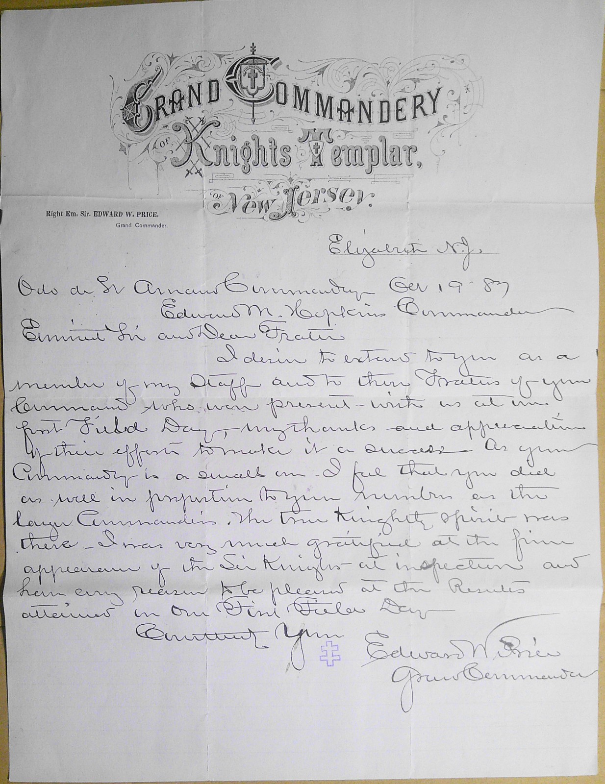 1887 Grand Commandery NJ Knights Templar Letter Elizabeth Field Day Price Mason