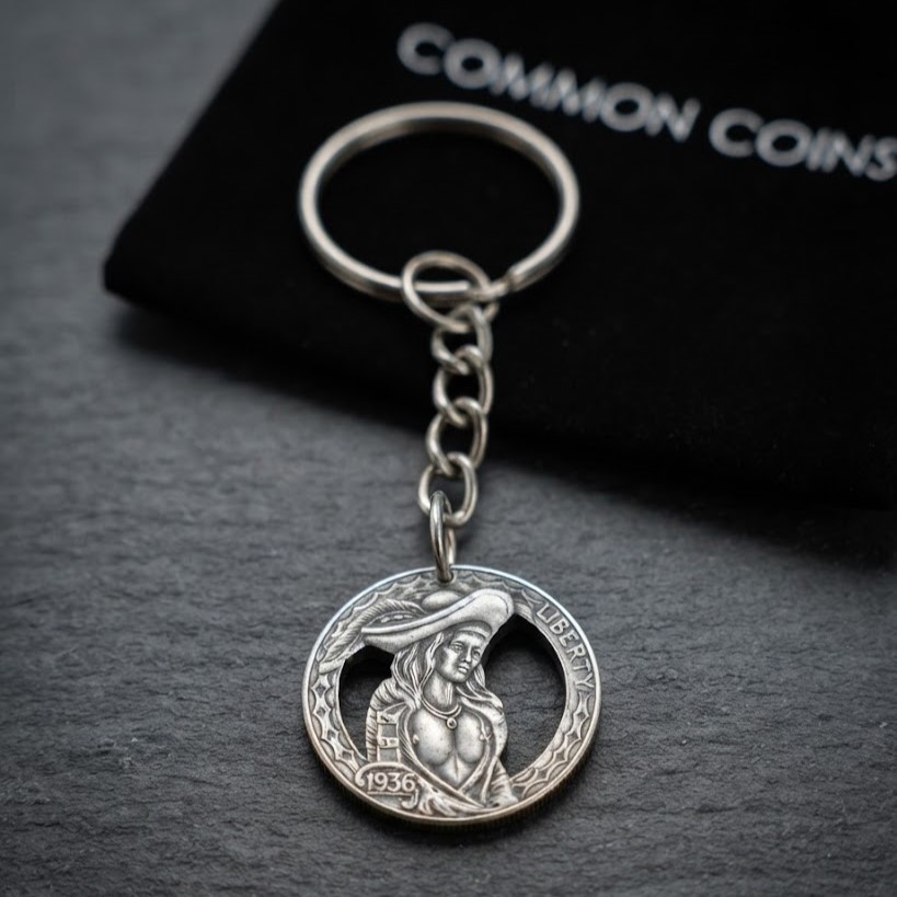 1936 Hobo Nickel Cut Coin Keychain Sexy Woman Pirate Treasure Hunter Custom Art