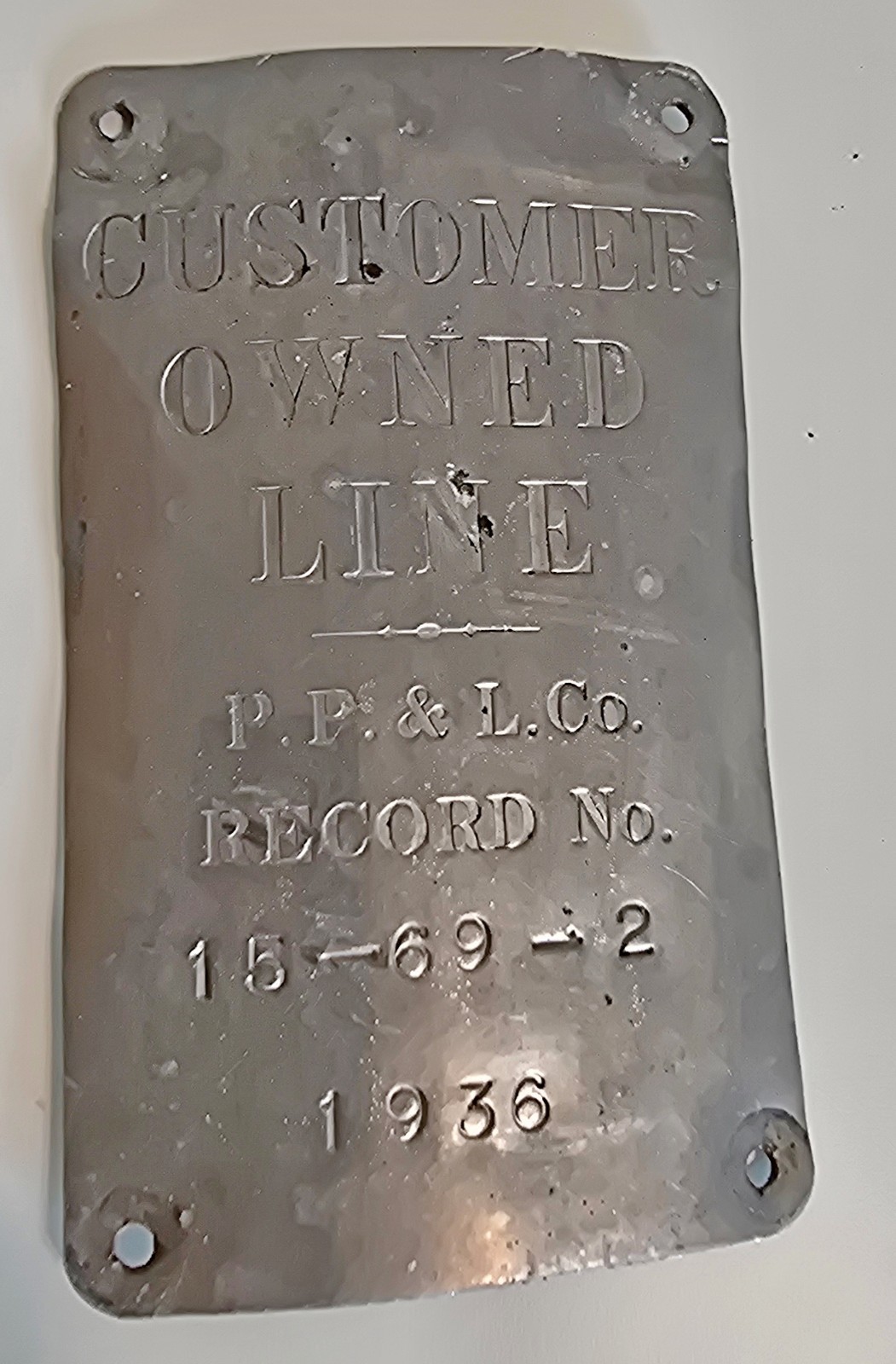 Rare 1936 Vintage Pacific Power & Light CUSTOMER OWNED LINE Equipment Data Plate