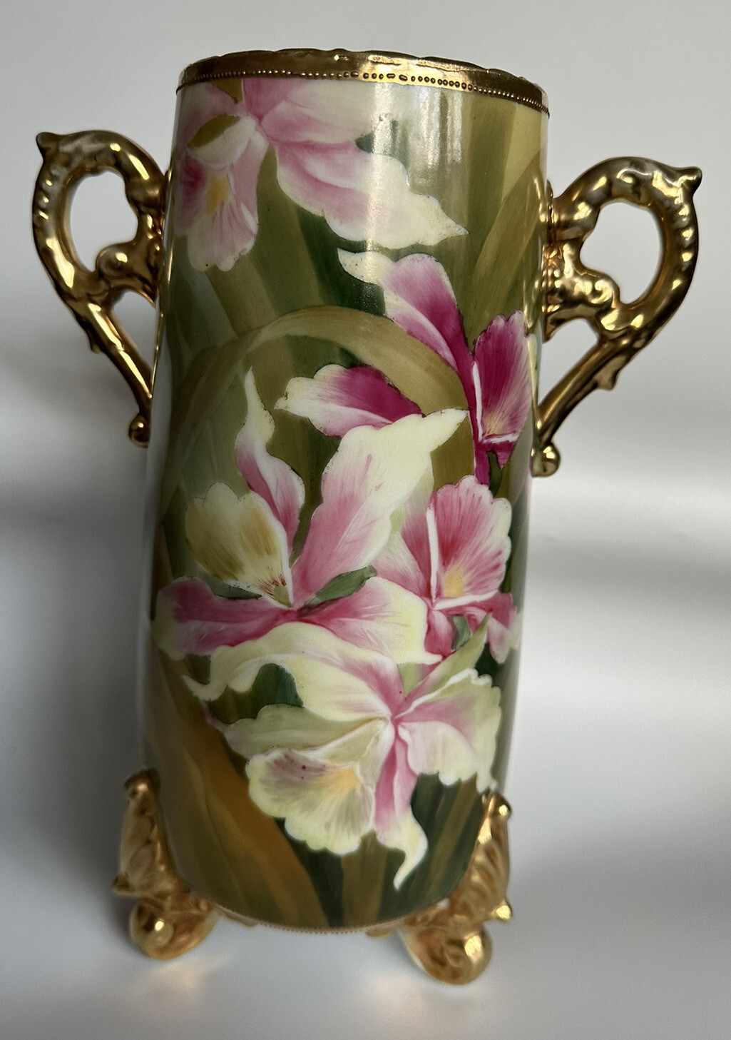 Antique Nippon Porcelain Tri-Footed Flowers 24k Gold Painted Vase 10 inches
