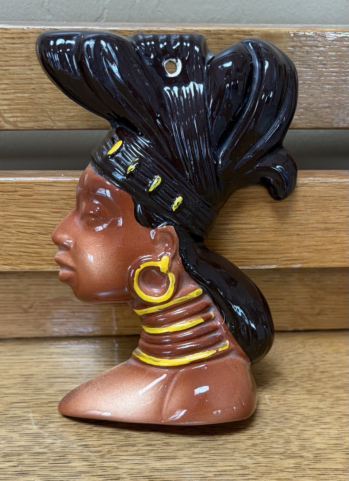 VTG MCM 1960s African  American Woman W/neck Rings & Scarf Ceramic Wall Decor