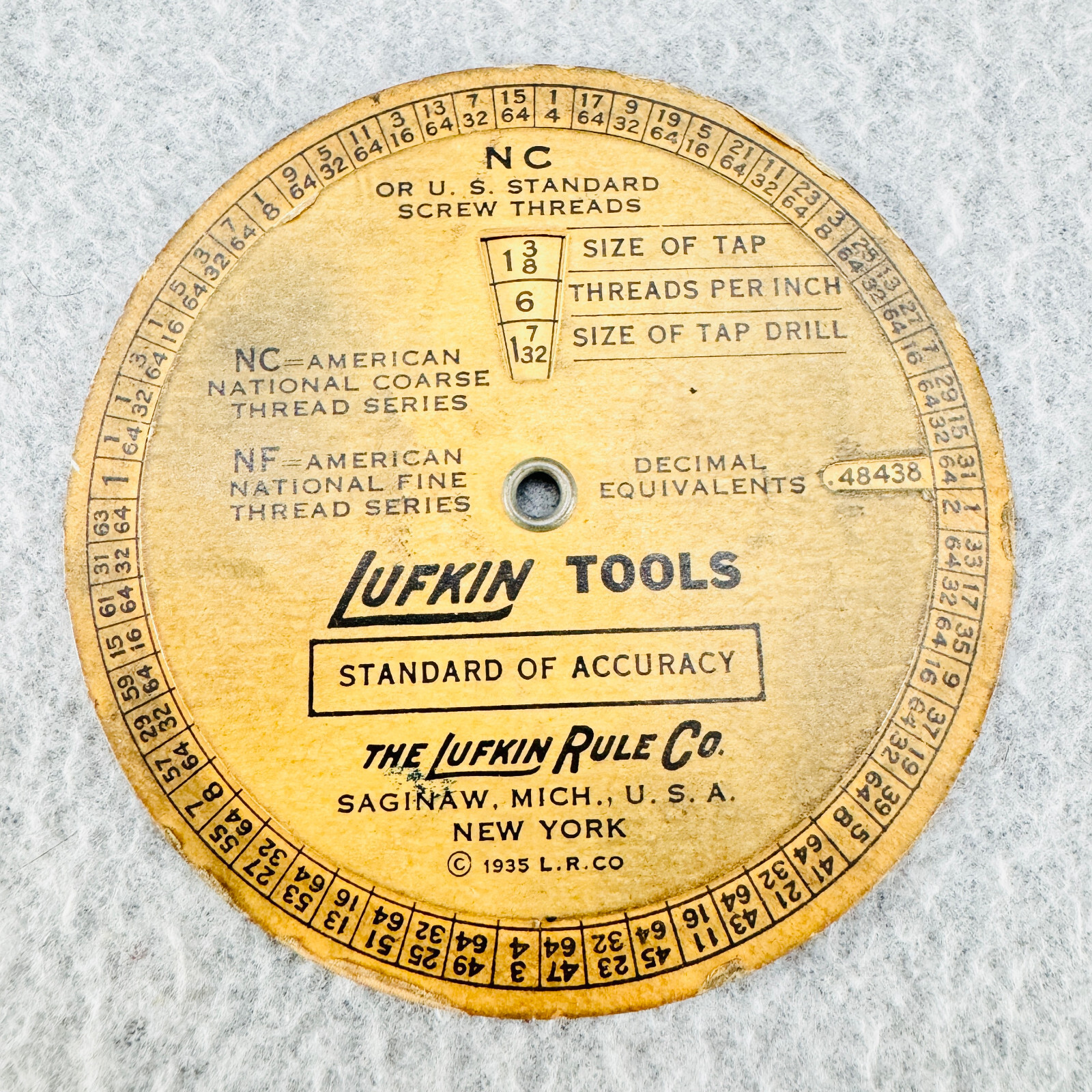 Lufkin Tools Screw Threads Wheel Chart Calculator Standard of Accuracy Vtg 1935