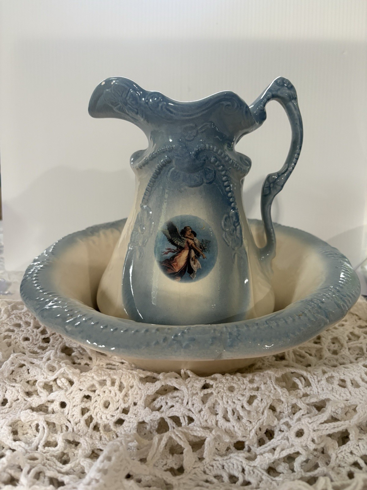 Iron Stone Vintage Blue And White Pitcher and Water Basin (small paint chip)