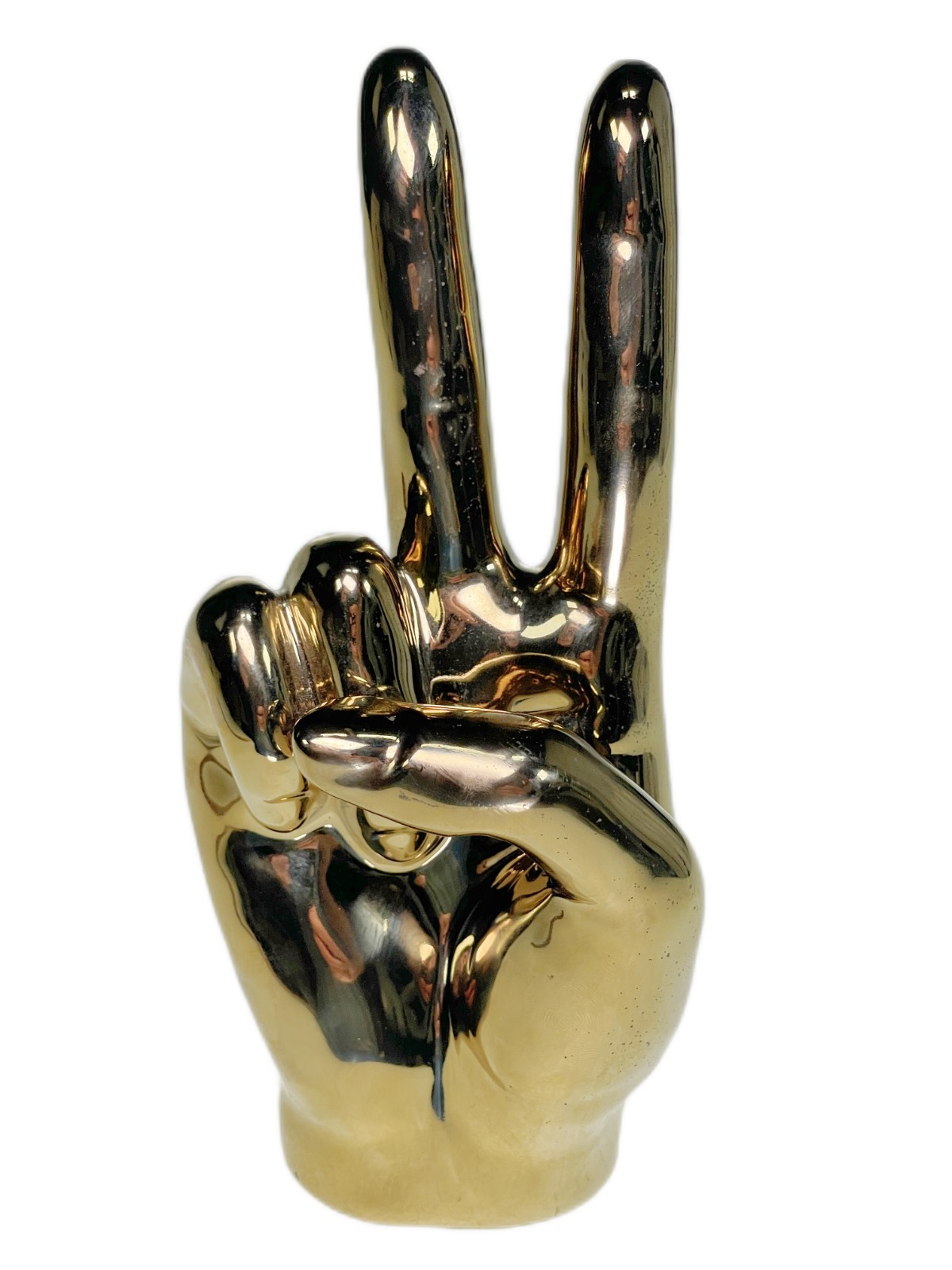 7” Peace Sign Hand Figurine Golden Ceramic Ring Holder 