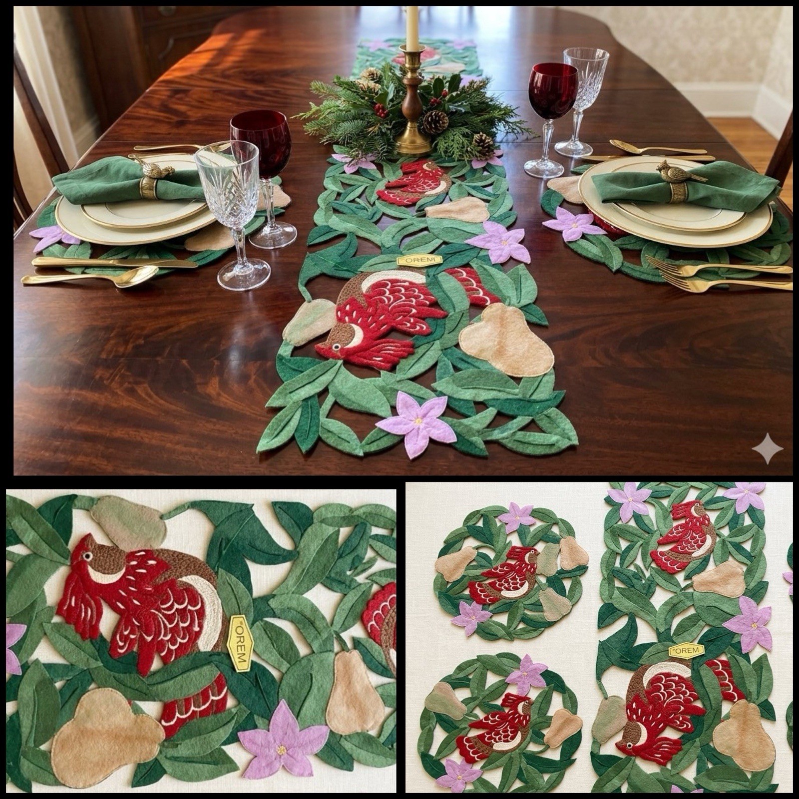 Vtg 1999 Orem Partridge in a Pear Tree Christmas Table Runner 2 Placemats Set