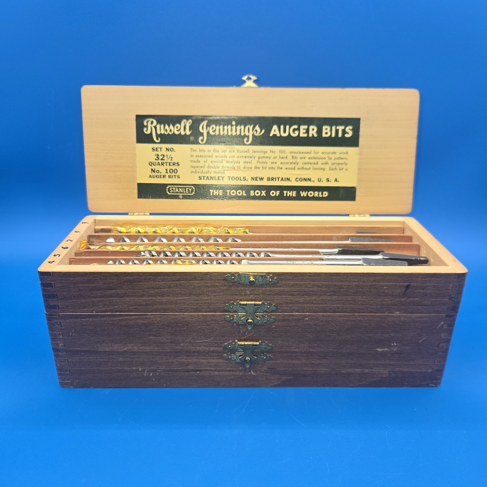 NOS Vintage Stanley Russell Jennings Auger Bits Set No. 32 1/2 Quarters No. 100