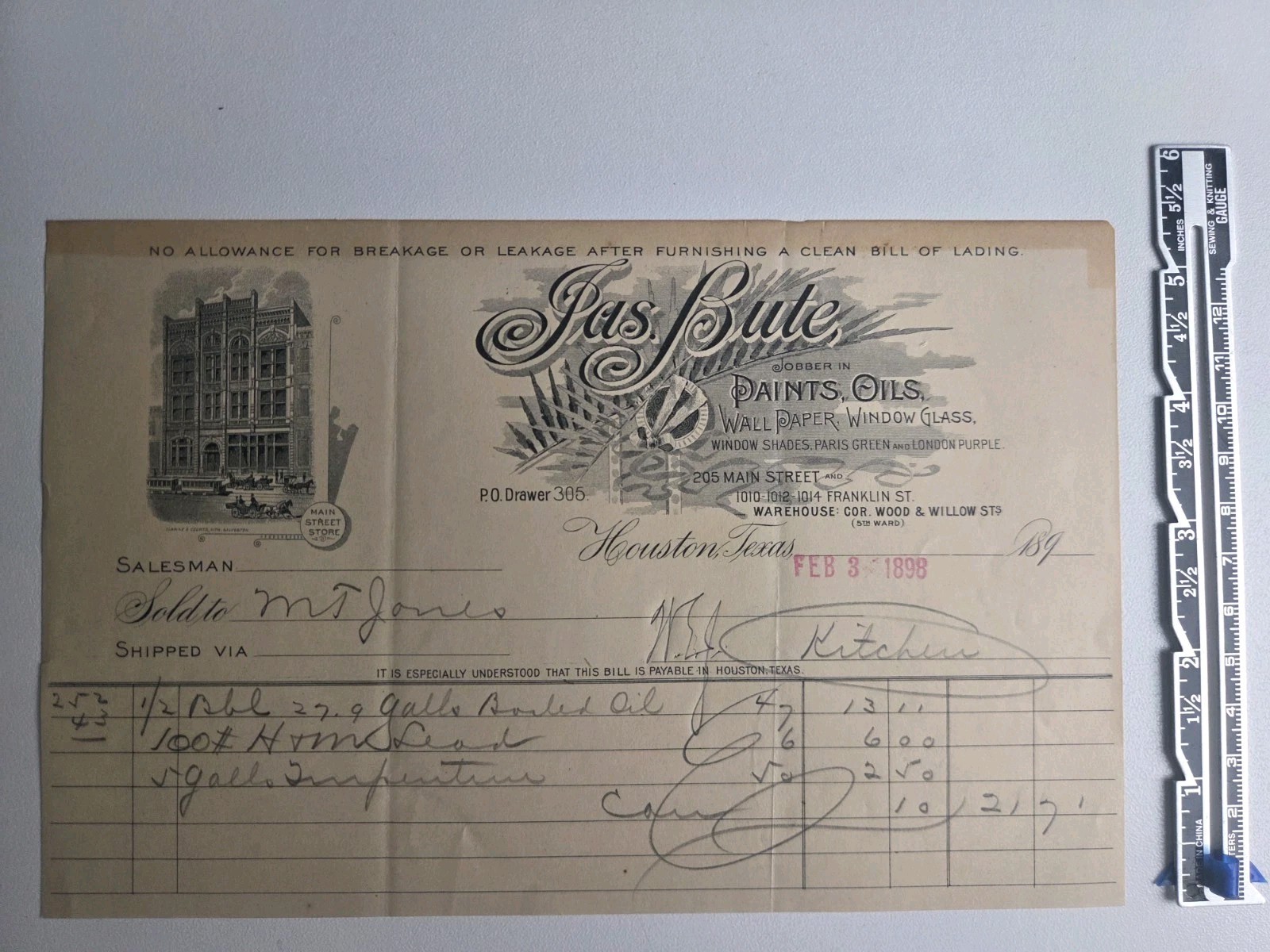 1898 Jas Bute Houston Texas Illustrated Billhead Paints Oils Antique Invoice