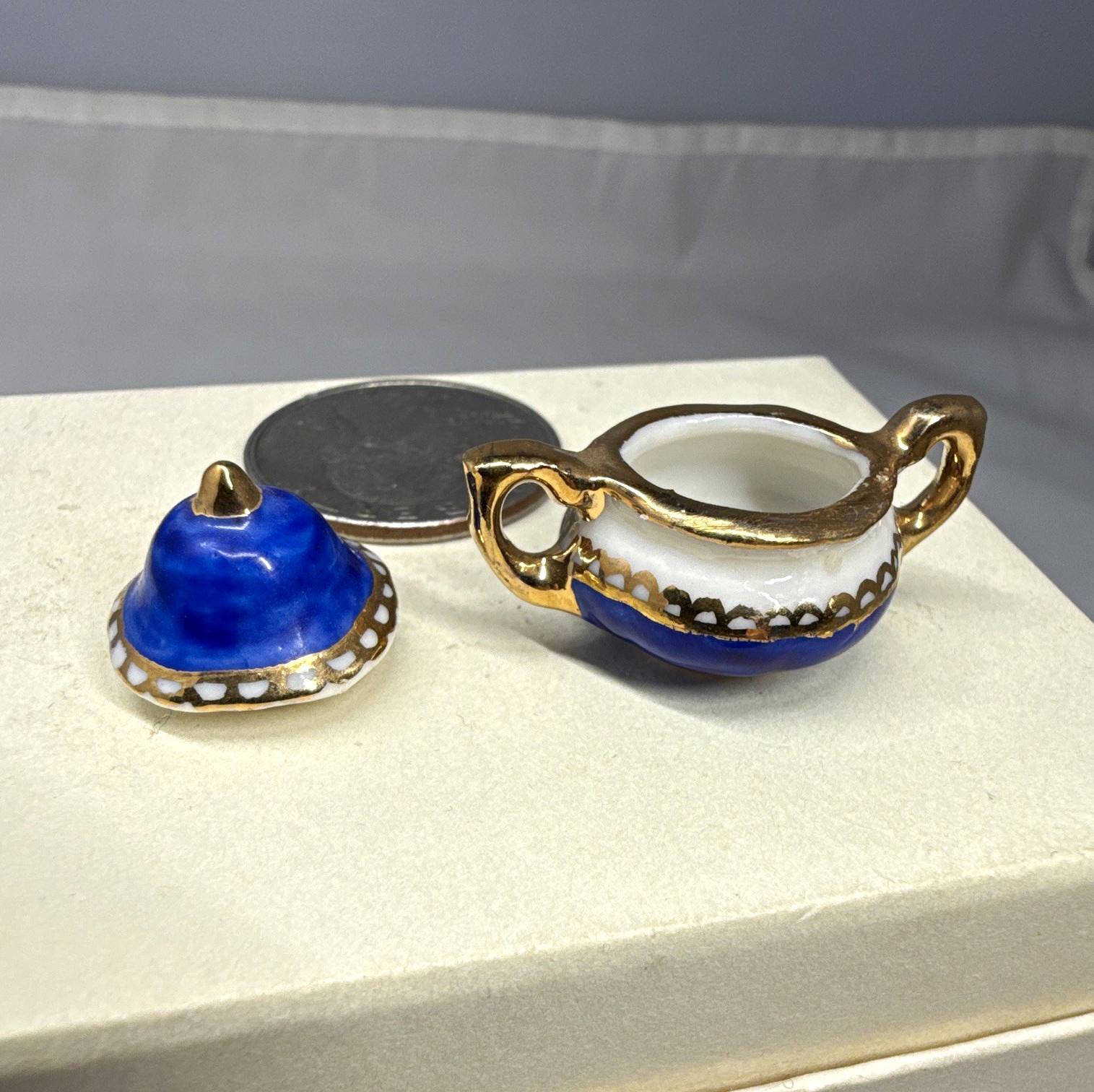 Vintage Miniature Porcelain Covered Sugar Bowl Cobalt Blue Gold Dollhouse 1:12