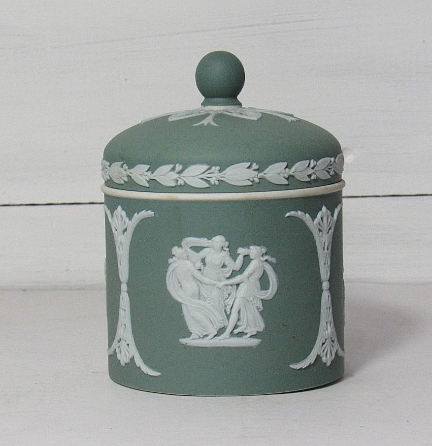 Wedgwood Sage Green Jasperware Round Trinket Box with Lid